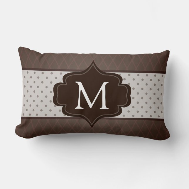 Elegant Dark Brown Polka Dot Custom Monogram Lumbar Pillow (Front)