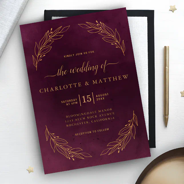 Elegant Dark Burgundy and Gold Botanical Wedding Invitation | Zazzle