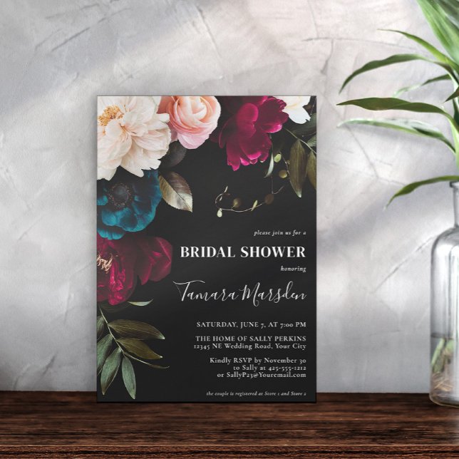Elegant Dark Burgundy Blue Blush Floral Black  Invitation (Creator Uploaded)