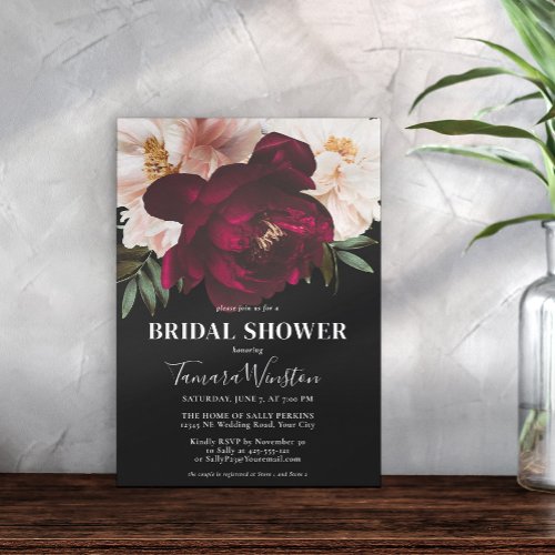 Elegant Dark Burgundy  Blush Floral Black Shower Invitation