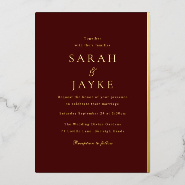 Elegant Dark Burgundy Elegant Modern Wedding Gold Foil Invitation (Front)