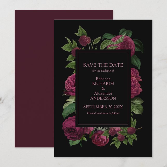 Elegant Dark Burgundy Floral Wedding   Save The Date (Front/Back)