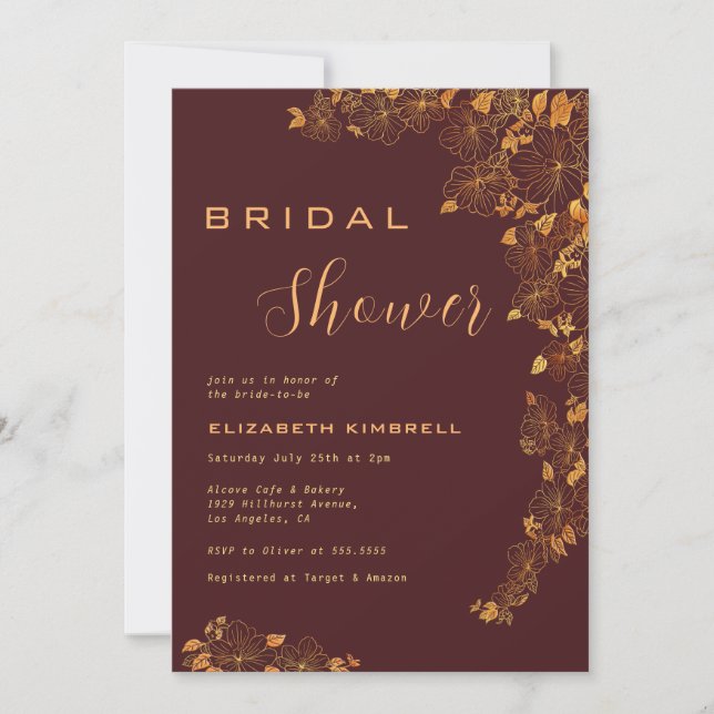 Elegant Dark Burgundy & Gold Floral Bridal Shower Invitation (Front)