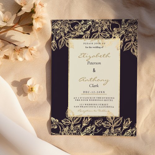 Elegant dark burgundy gold luxury floral Wedding Invitation