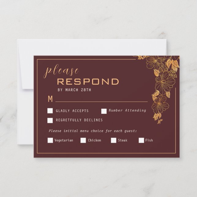 Elegant Dark Burgundy & Golden Foliage  RSVP Card (Front)