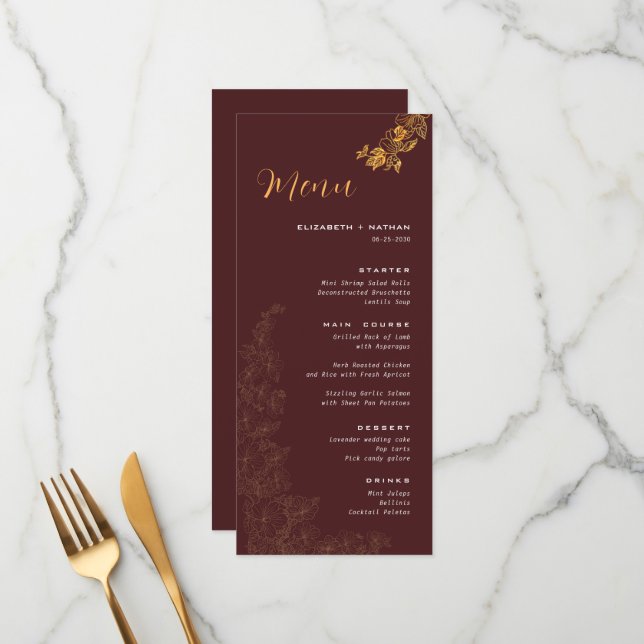 Elegant Dark Burgundy Golden Foliage Wedding Menu (Front/Back In Situ)