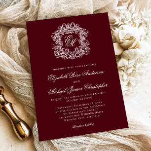 Elegant Dark Burgundy Monogram Crest Wedding Invitation