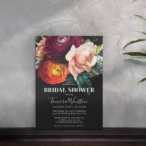 Elegant Dark Burgundy Orange Floral Bridal Shower Invitation