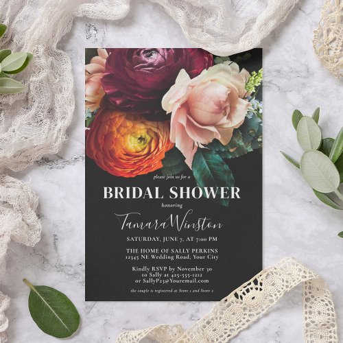 Elegant Dark Burgundy Orange Floral Bridal Shower  Invitation