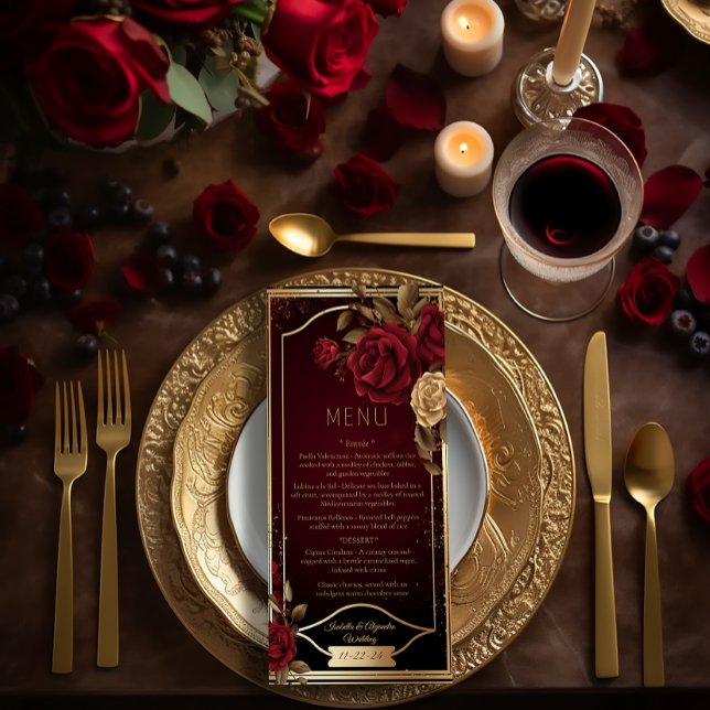 Elegant Dark Burgundy Red Rose and Gold Wedding Menu (Elegant Red Rose Burgundy and Gold Wedding Menu )