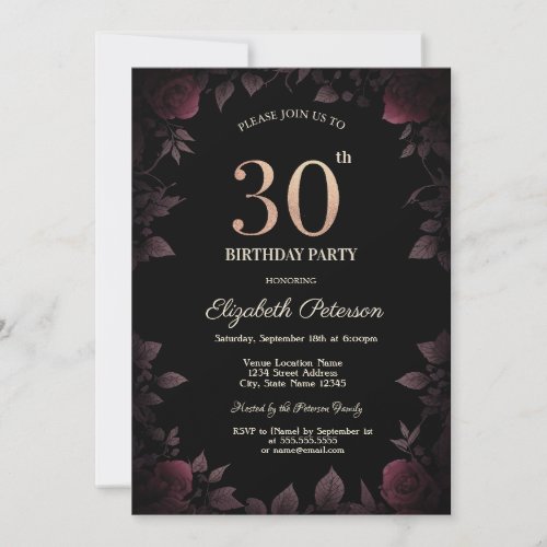 Elegant Dark Burgundy Roses Black 30th Birthday Invitation