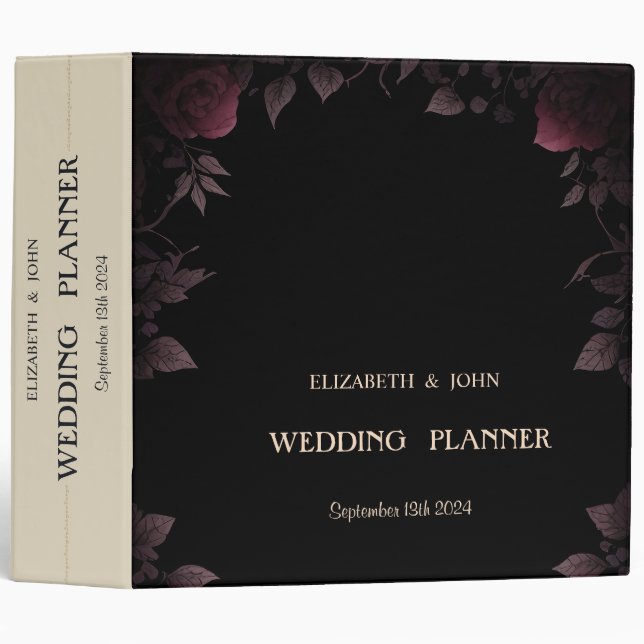 Elegant Dark Burgundy Roses Black  3 Ring Binder (Front/Spine)