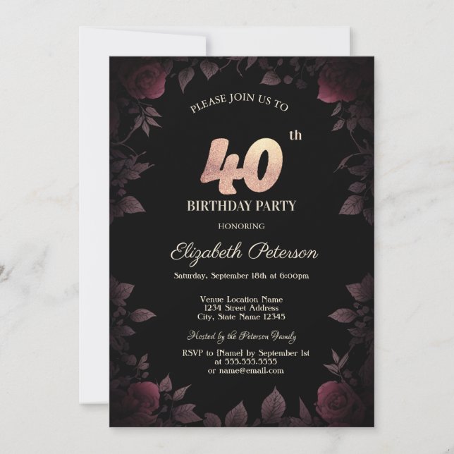 Elegant Dark Burgundy Roses Black 40th Birthday Invitation (Front)