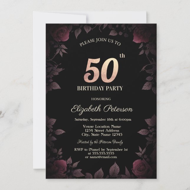 Elegant Dark Burgundy Roses Black 50th Birthday Invitation (Front)