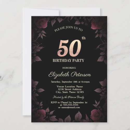 Elegant Dark Burgundy Roses Black 50th Birthday Invitation