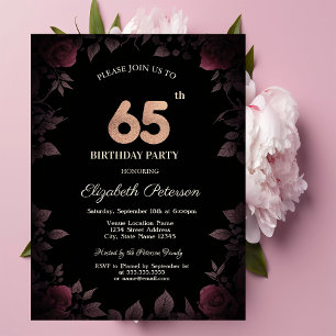 Elegant Dark Burgundy Roses Black 65th Birthday Invitation