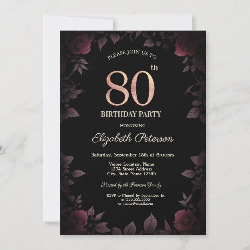 Elegant Dark Burgundy Roses Black 80th Birthday  Invitation