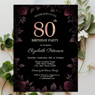 Elegant Dark Burgundy Roses Black 80th Birthday Invitation
