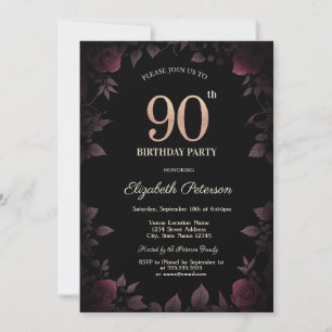 Elegant Dark Burgundy Roses Black 90th Birthday Invitation