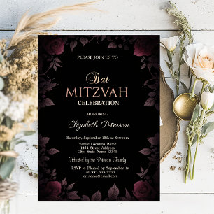 Elegant Dark Burgundy Roses Black Bat Mitzvah Invitation