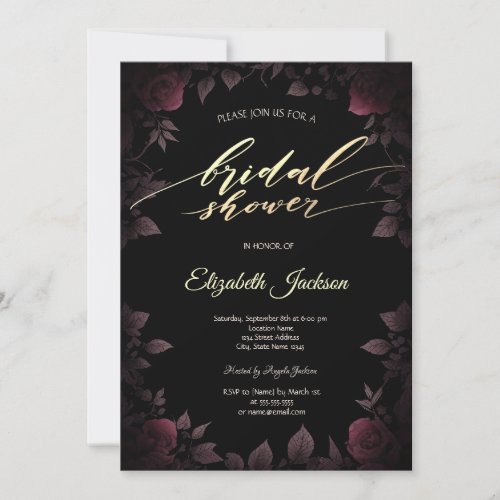 Elegant Dark Burgundy Roses Black Bridal Shower  Invitation