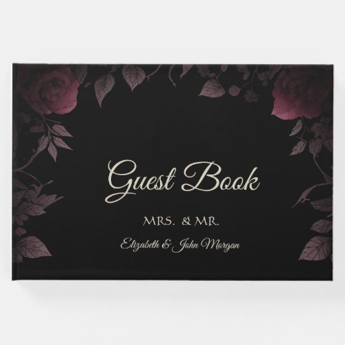 Elegant Dark Burgundy Roses Black Guest Book