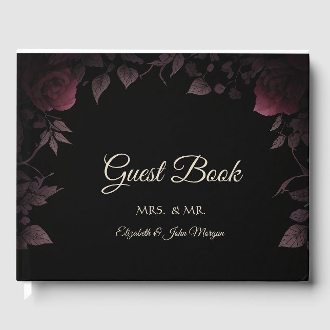 Elegant Dark Burgundy Roses Black Guest Book (Front)