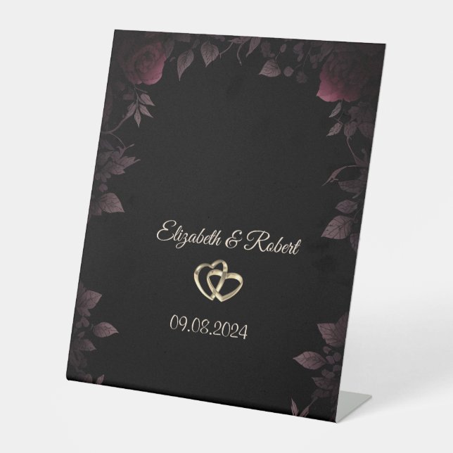 Elegant Dark Burgundy Roses Black  Pedestal Sign (Front)