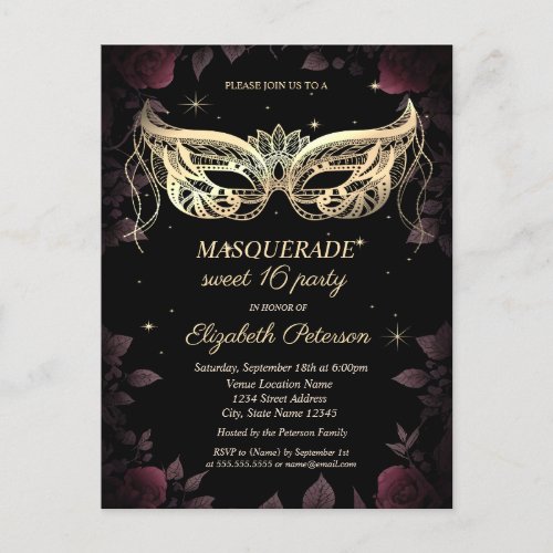 Elegant Dark Burgundy Roses Black Sweet 16 Invitation Postcard