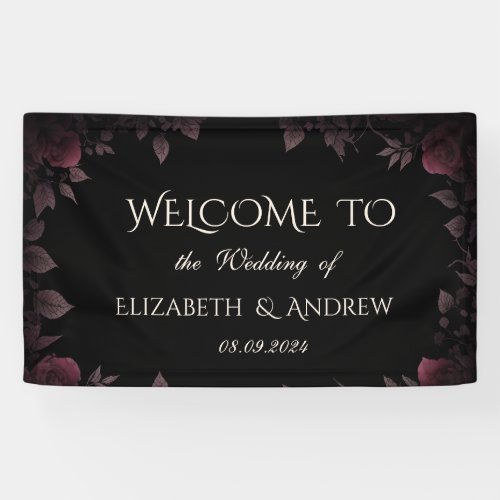 Elegant Dark Burgundy Roses Black Wedding Banner