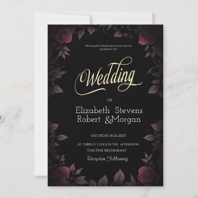 Elegant Dark Burgundy Roses Black Wedding Invitation (Front)