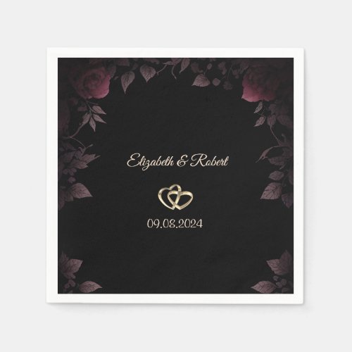 Elegant Dark Burgundy Roses Black Wedding Napkins