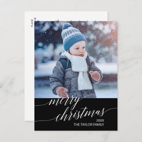 Elegant Dark Calligraphy Merry Christmas Photo Holiday Postcard