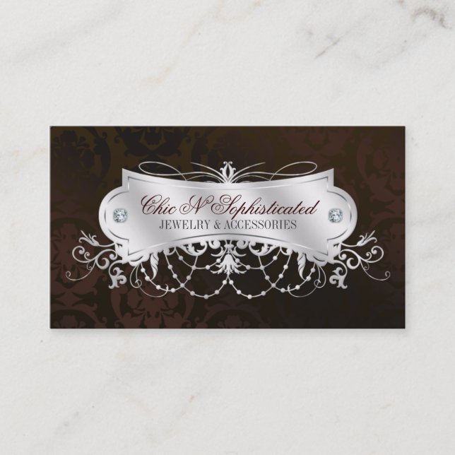Elegant Dark Chocolate Damask Swirl Business Card (Front)