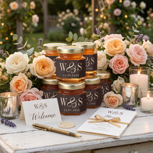 Elegant Dark Chocolate Wedding Couples Initials Honey Jar Favors