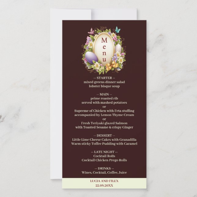 Elegant Dark crimson Easter Forest Wedding Menu  (Front)