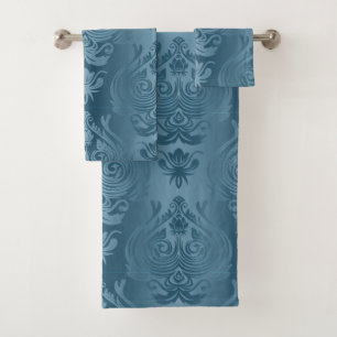 Elegant Dark Cyan Blue Damask Print Bath Towel Set
