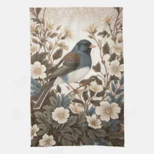 Elegant Dark-eyed Junco Cream Floral Kitchen Towel