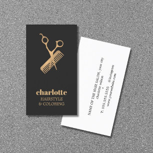 Elegant Dark Faux Gold Scissor Comb Bold Hairsalon Business Card