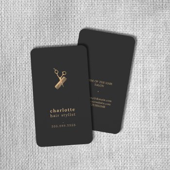 Elegant Dark Faux Gold Scissors Comb Hairstylist Business Card by pro_business_card at Zazzle