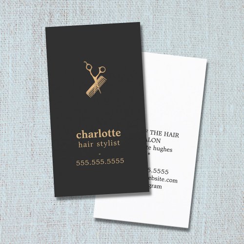 Elegant Dark Faux Gold Scissors Comb Hairstylist Business Card