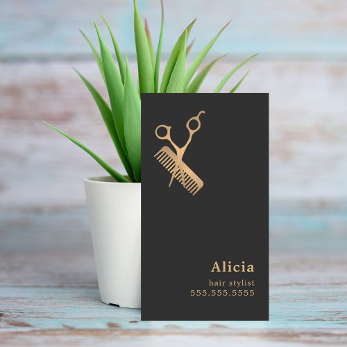 Elegant Dark Faux Gold Scissors Comb Hairstylist  Business Card