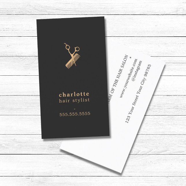 Elegant Dark Faux Gold Scissors Comb Hairstylist Business Card (Creator Uploaded)