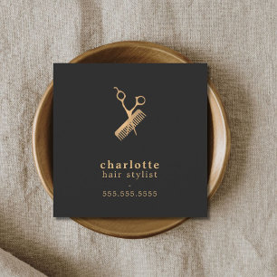 Elegant Dark Faux Gold Scissors Comb Hairstylist Square Business Card