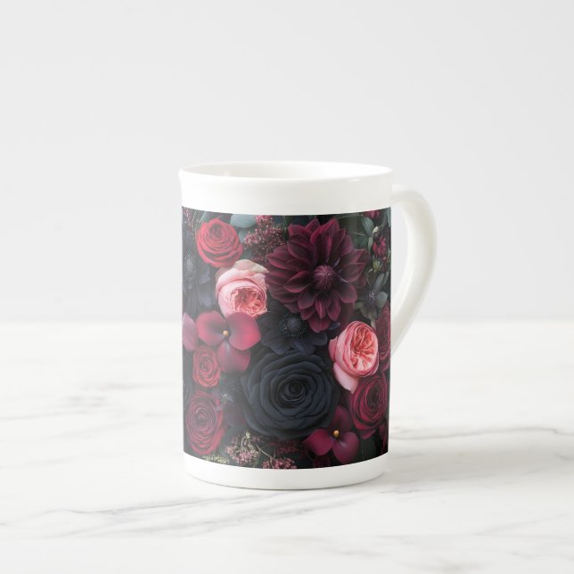 Elegant Dark Floral Arrangement Featuring Roses  Bone China Mug (Front Right)