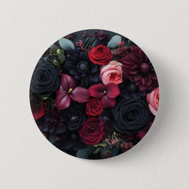 Elegant Dark Floral Arrangement Featuring Roses  Button (Front)