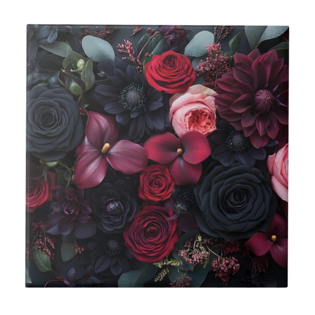 Elegant Dark Floral Arrangement Featuring Roses  Ceramic Tile (Front)