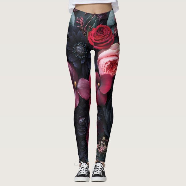 Elegant Dark Floral Arrangement Featuring Roses  Leggings (Front)