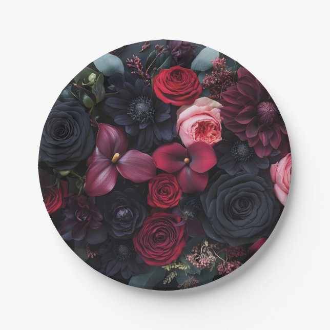 Elegant Dark Floral Arrangement Featuring Roses  Paper Plates (Front)