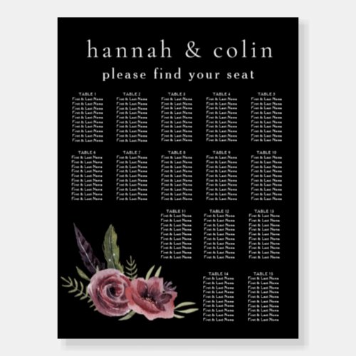 Elegant Dark Floral Black Burgundy Seating Chart Foam Board